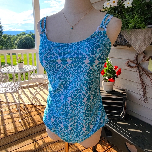 CATALINA ♡ Gorgeous 1pc Aqua Blue 'n White Padded Bralette Swimsuit L (12-14) - Picture 8 of 17